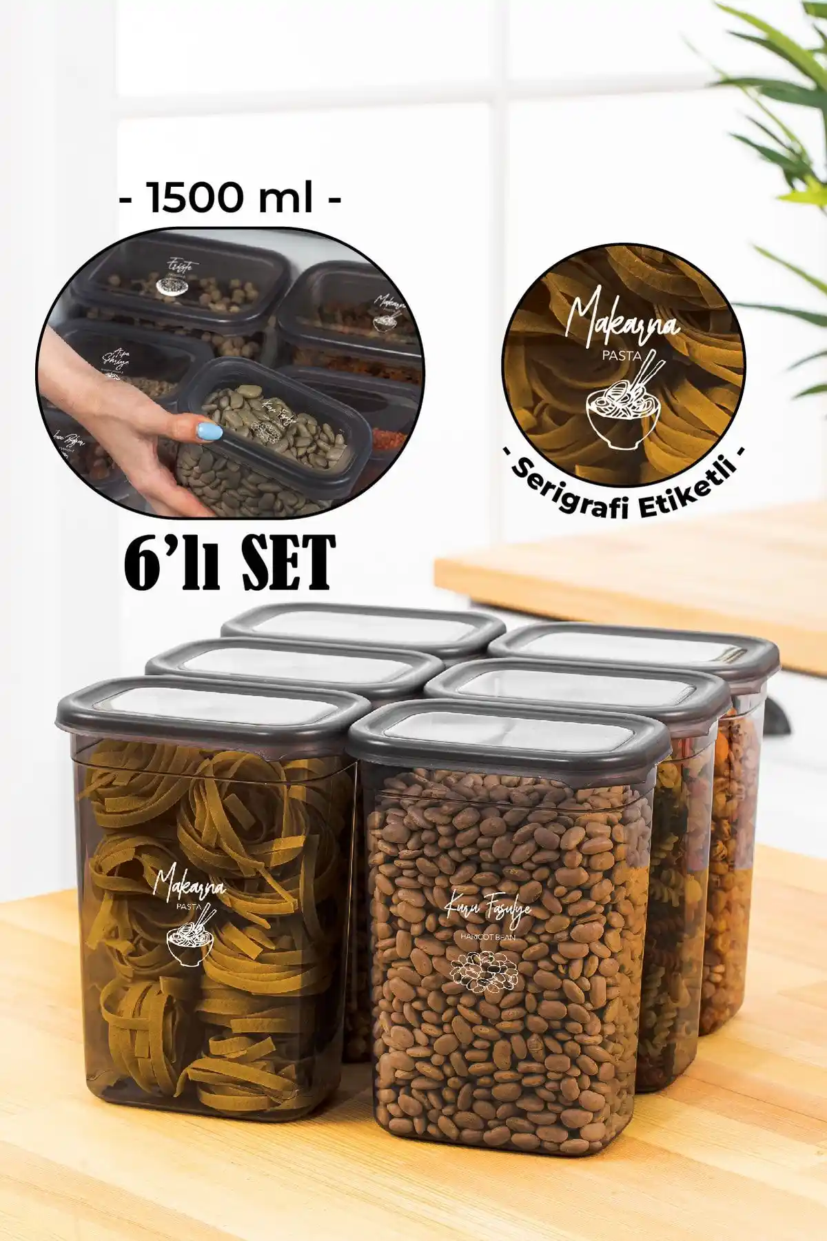 Vienev Peggy Dikdörtgen Saklama Kabı Seti 1500 ml Antrasit Beyaz Serigrafi Etiketli