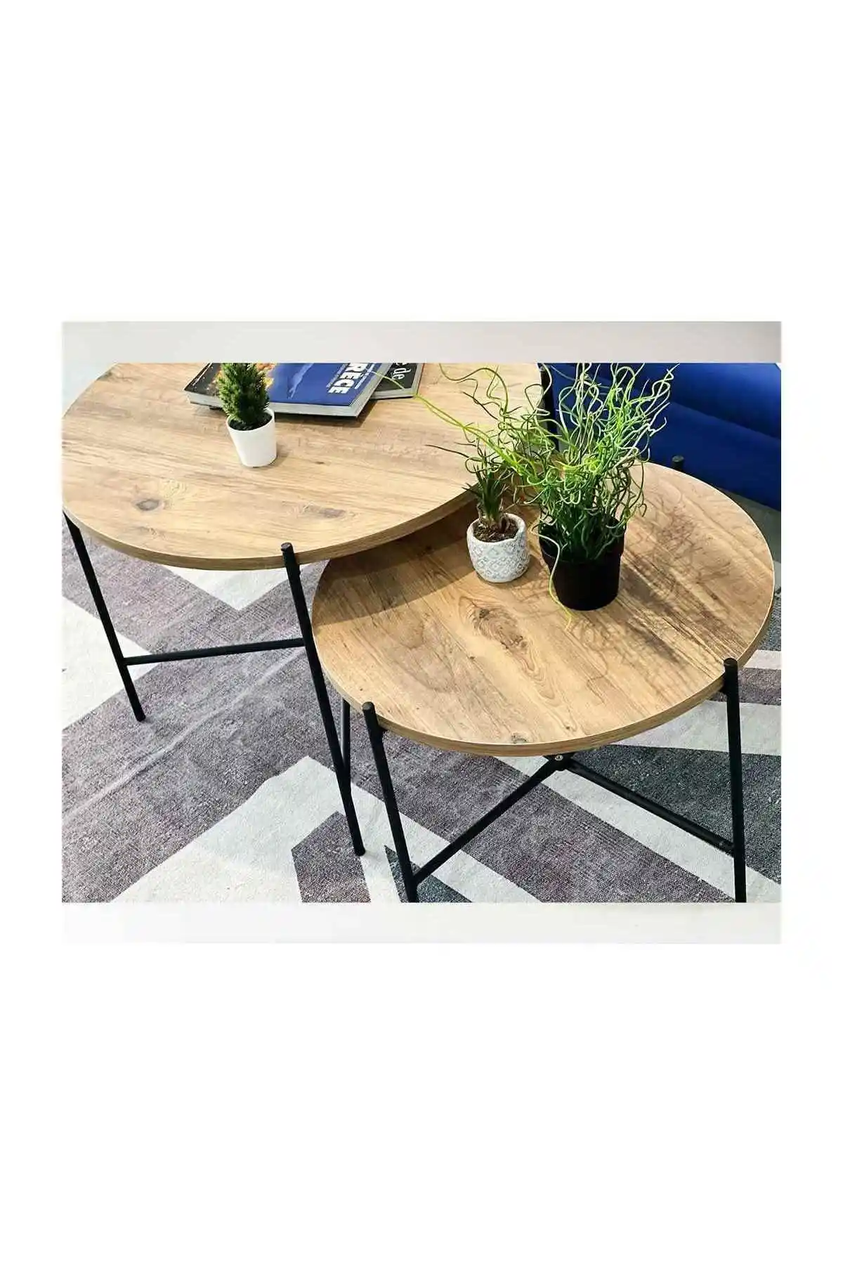 Weblonya İkili Sehpa Siyah Modern Yuvarlak Dekoratif Mobilya 5185