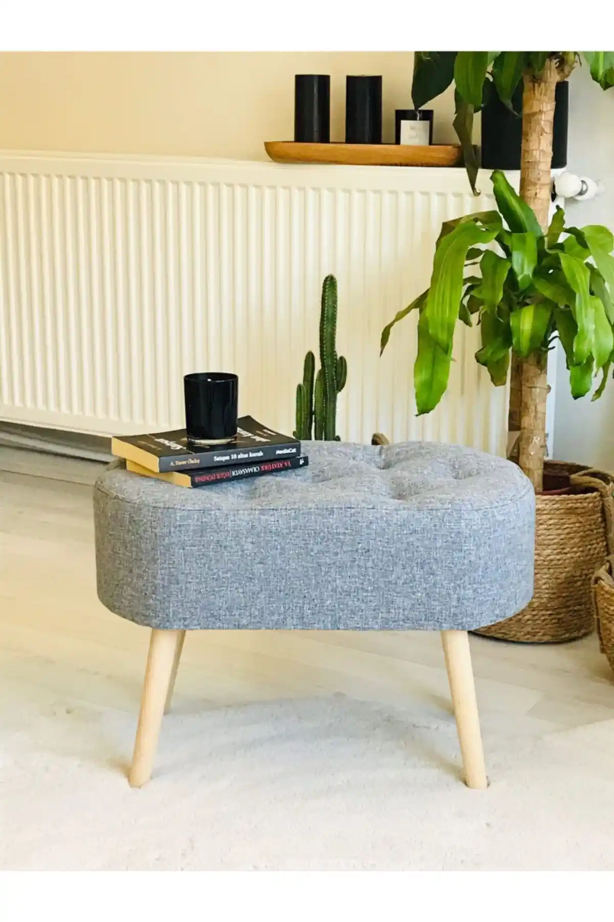 WEBPANYA Gürgen Ahşap Ayak Gri Kumaş Oval Puf ile Modern ve Şık Oturma Alanları