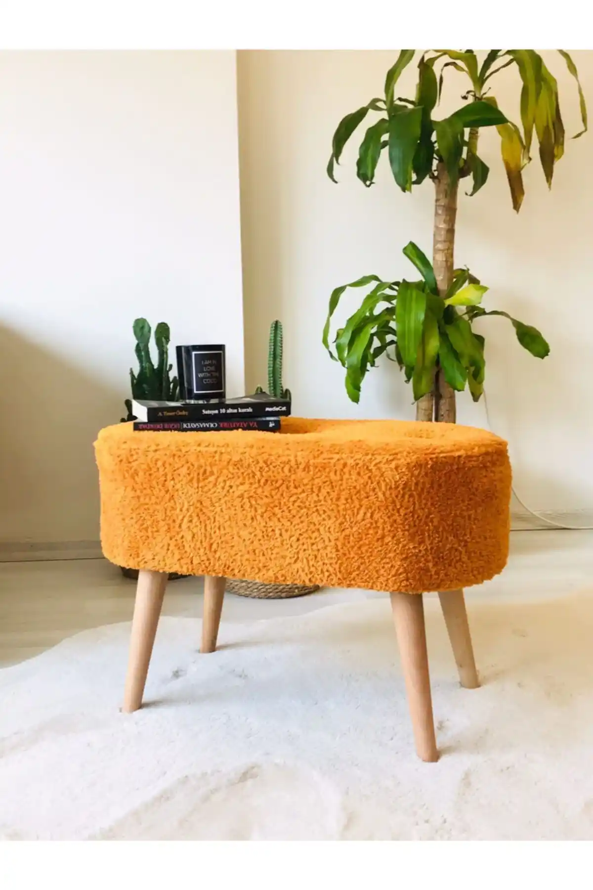WEBPANYA Gürgen Ahşap Ayak Turuncu Pofidik Oval Puf Bench Sandalye Ürünü Tanıtımı ve Özellikleri