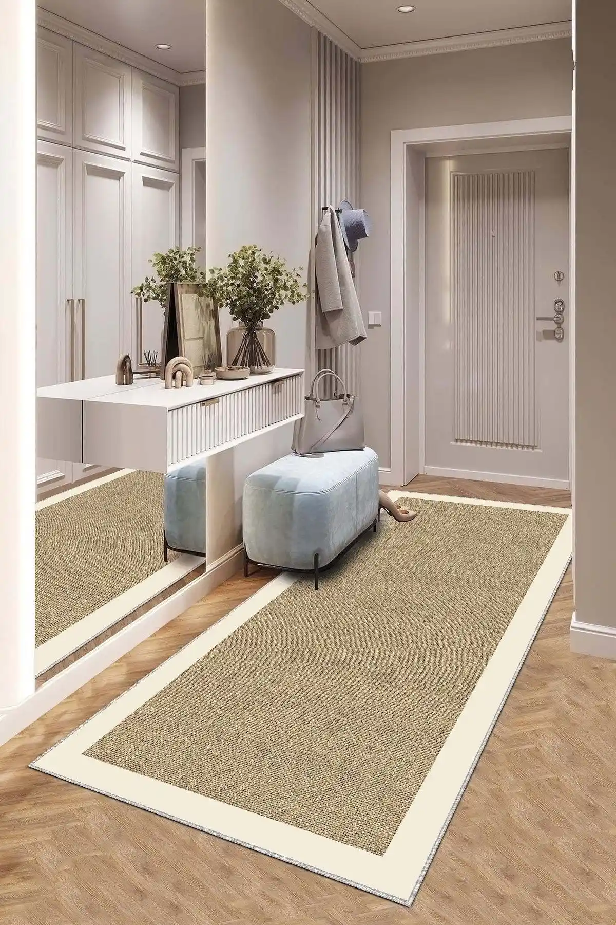 West Home Makinede Yıkanabilir Kaymaz Tabanlı Modern Halı Bej Renk ve Eskitme Desen Özellikleri