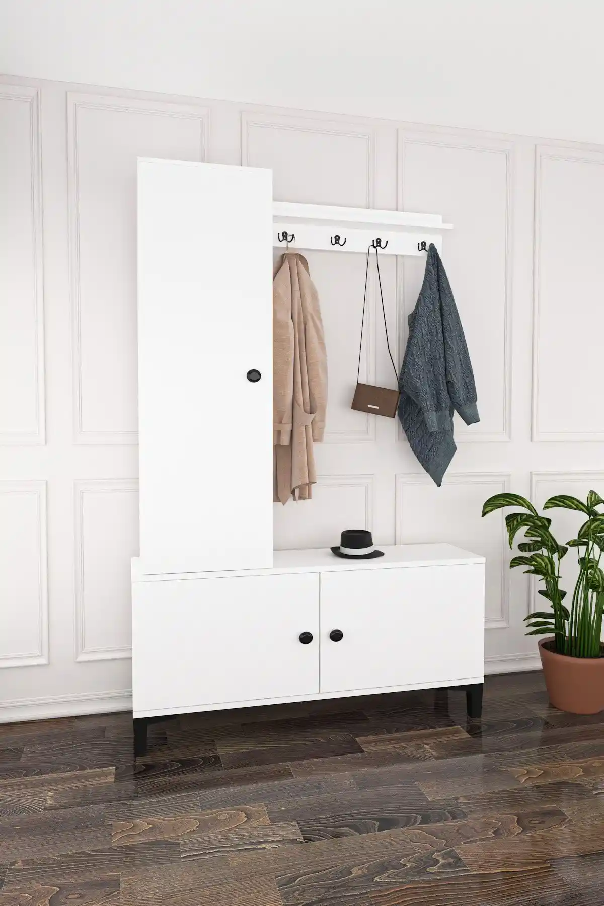 Wood House Beyaz Bade Portmanto: Şık ve Fonksiyonel Tasarım Çözümü