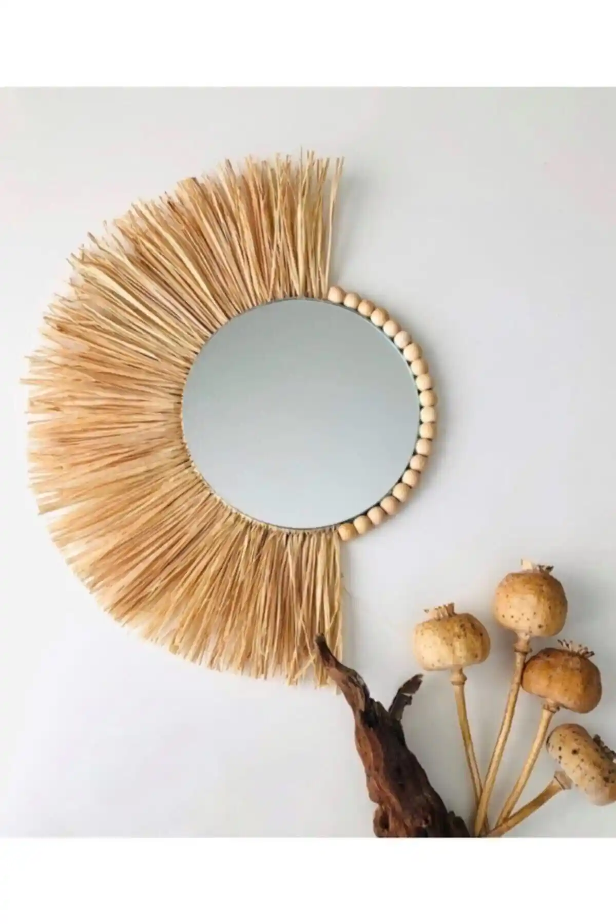 WoodDa Dekoratif Ayna Yelpaze Rafya Boncuklu Duvar Süsü Bohem Tarzıyla Şıklık Katın