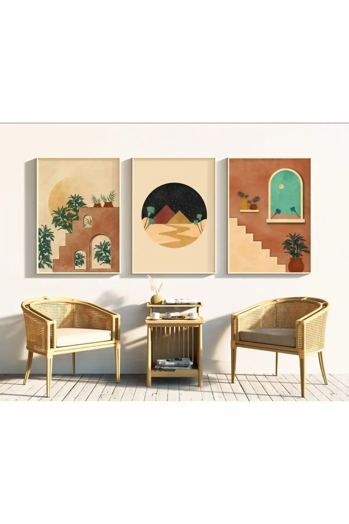 Woodhomeworks Ahşap Çerçeveli 3'lü Soyut Tablo Seti Modern Dekorasyon İçin Uygun