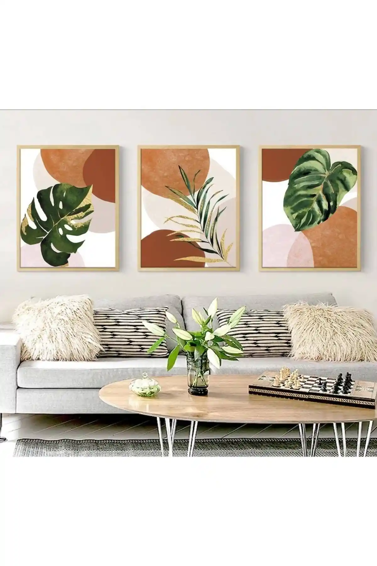 WoodHomeWorks Boho Ahşap Çerçeveli 3 Lü Soyut Dekoratif Tablo Modern ve Sanatsal Tasarım