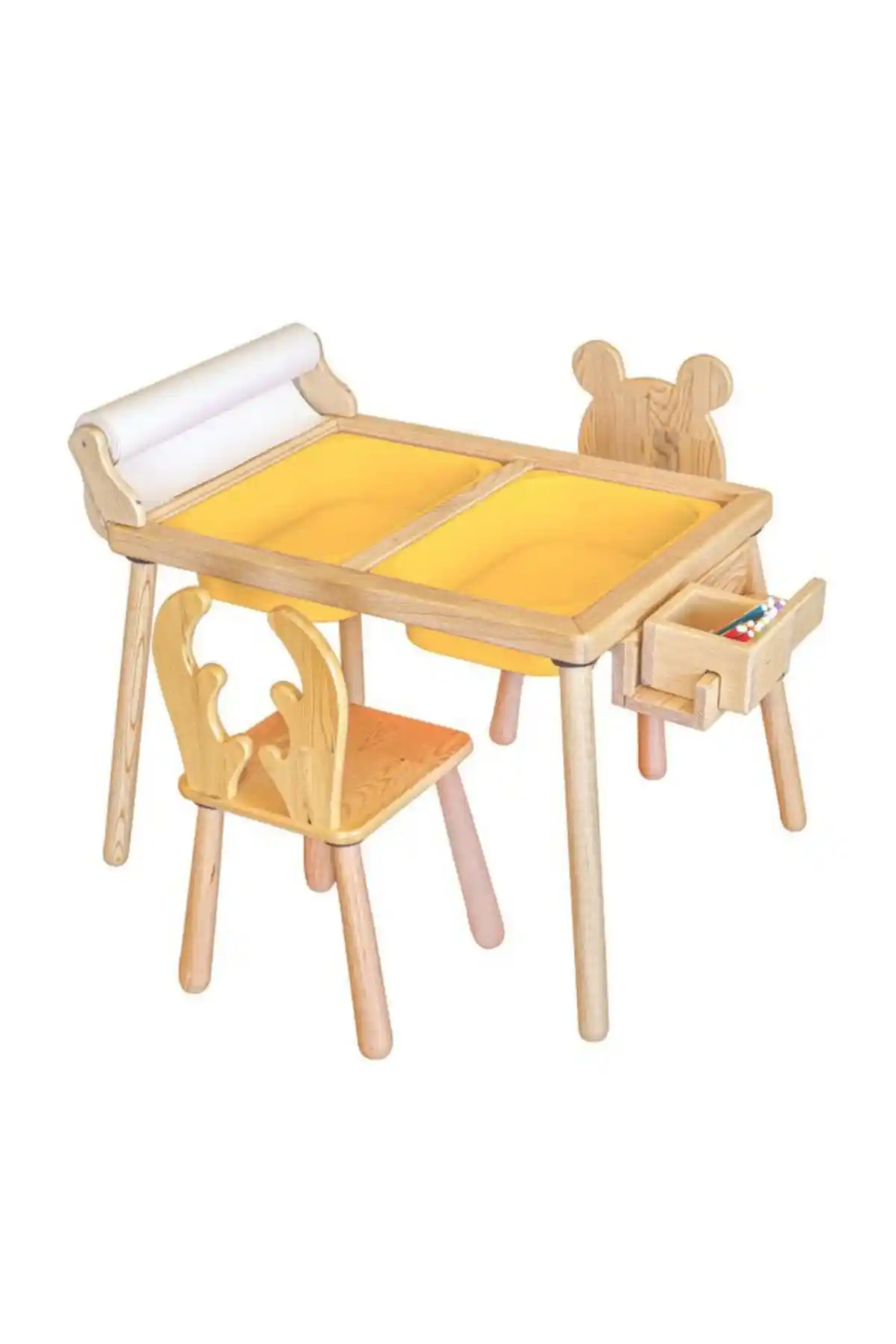 Woodnjoy Masif Ahşap Çocuk Aktivite ve Çalışma Masası ve 2 Sandalye Seti