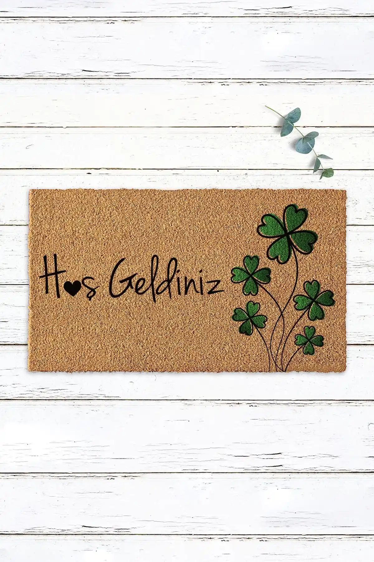 Yeşil Yonca ve Hoşgeldiniz Yazılı Kapı Paspası Dayanıklı ve Şık Tasarım