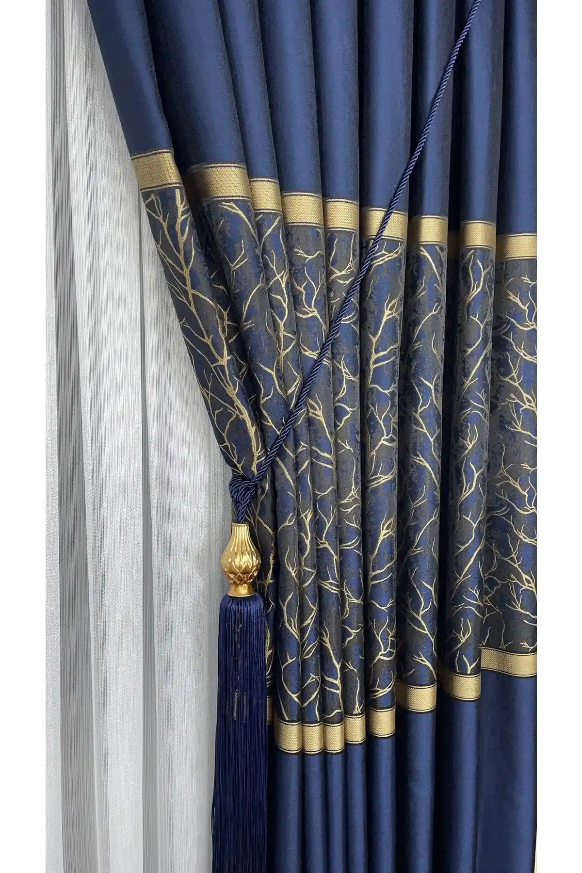 Yuka Lacivert Altın Braçol Kornişe Takma Tavan Yan Bağlama Perde Aksesuarı