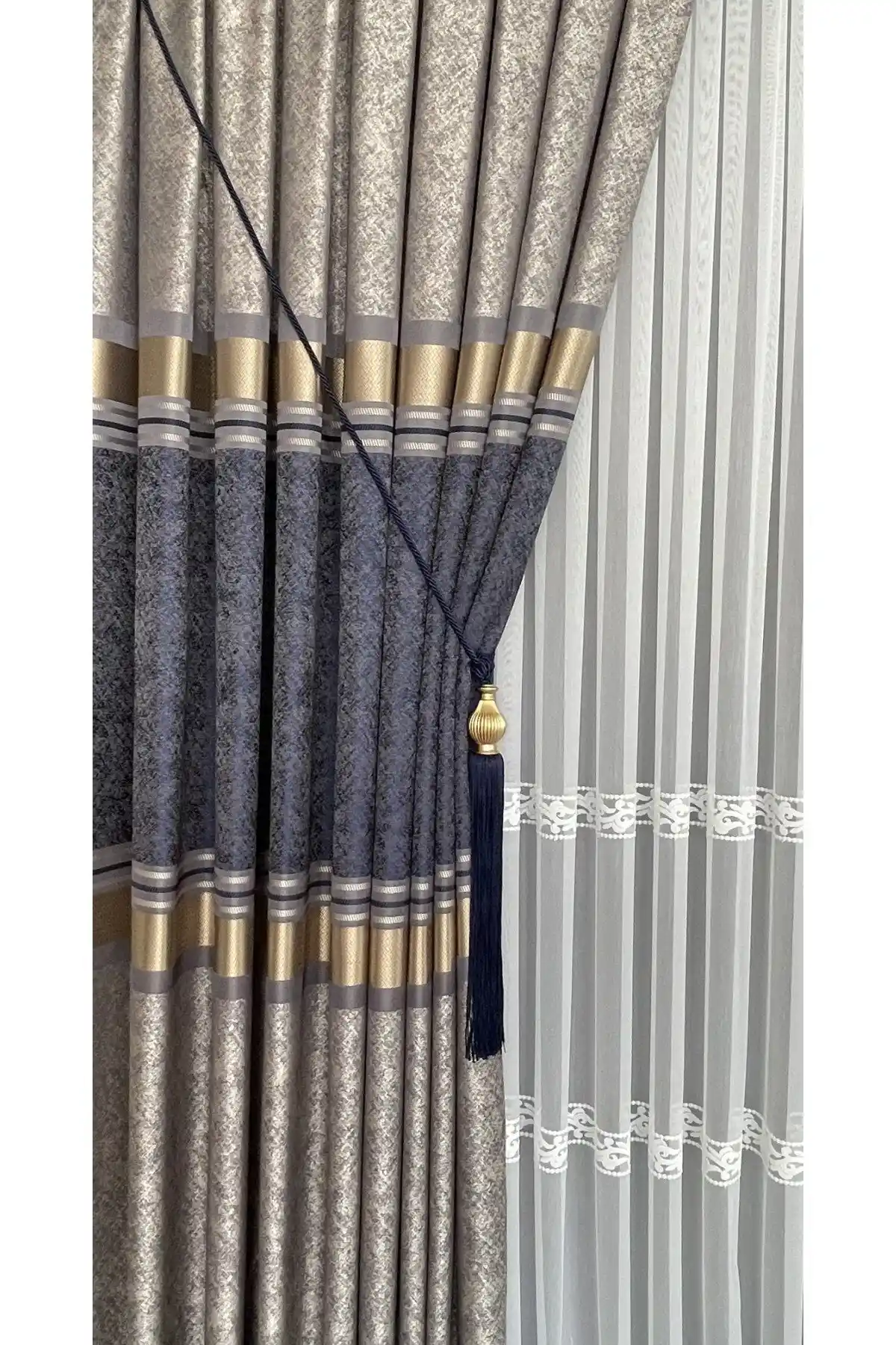 Yuka Pano Fon Perde Vizon Lacivert Jakarlı 100x280 Modern ve Şık Tasarım