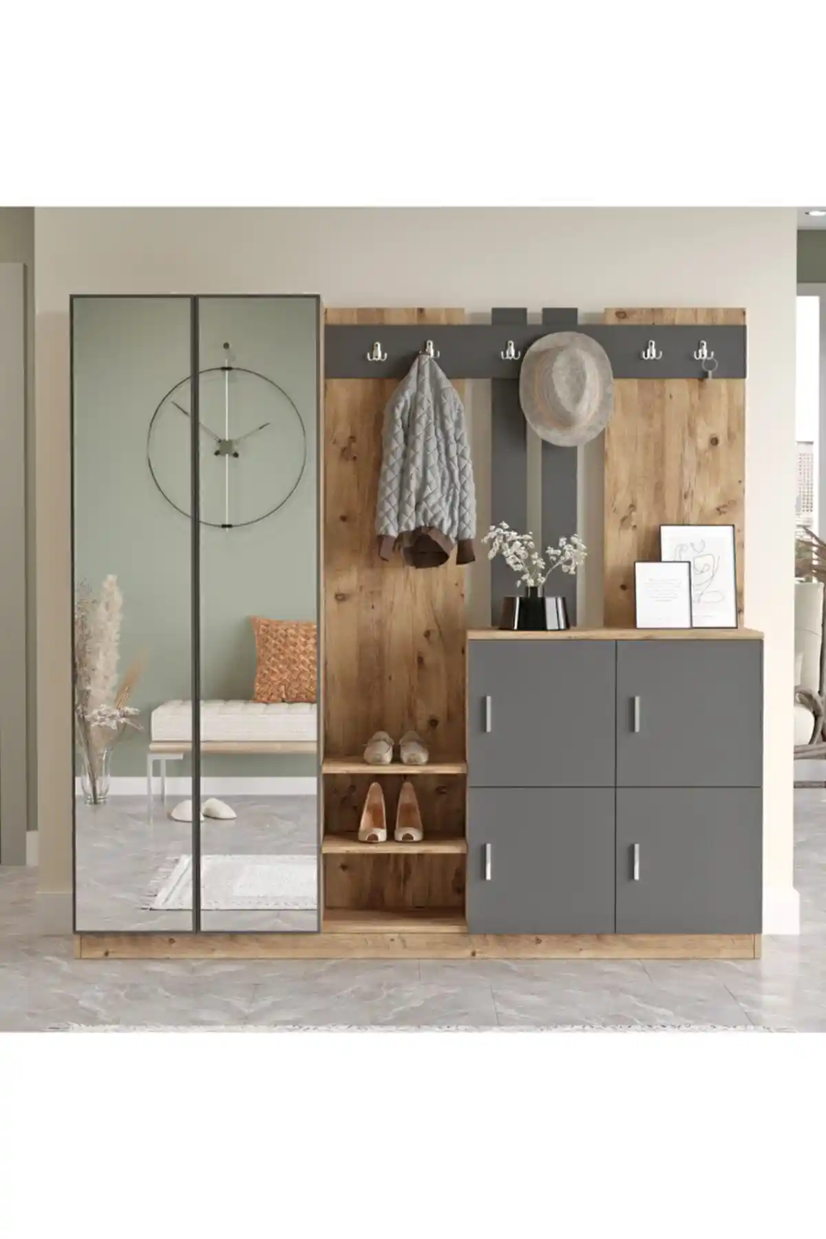 Yurudesign Gibson Vestiyer Portmanto Çam-Antrasit Modern ve Fonksiyonel Tasarım