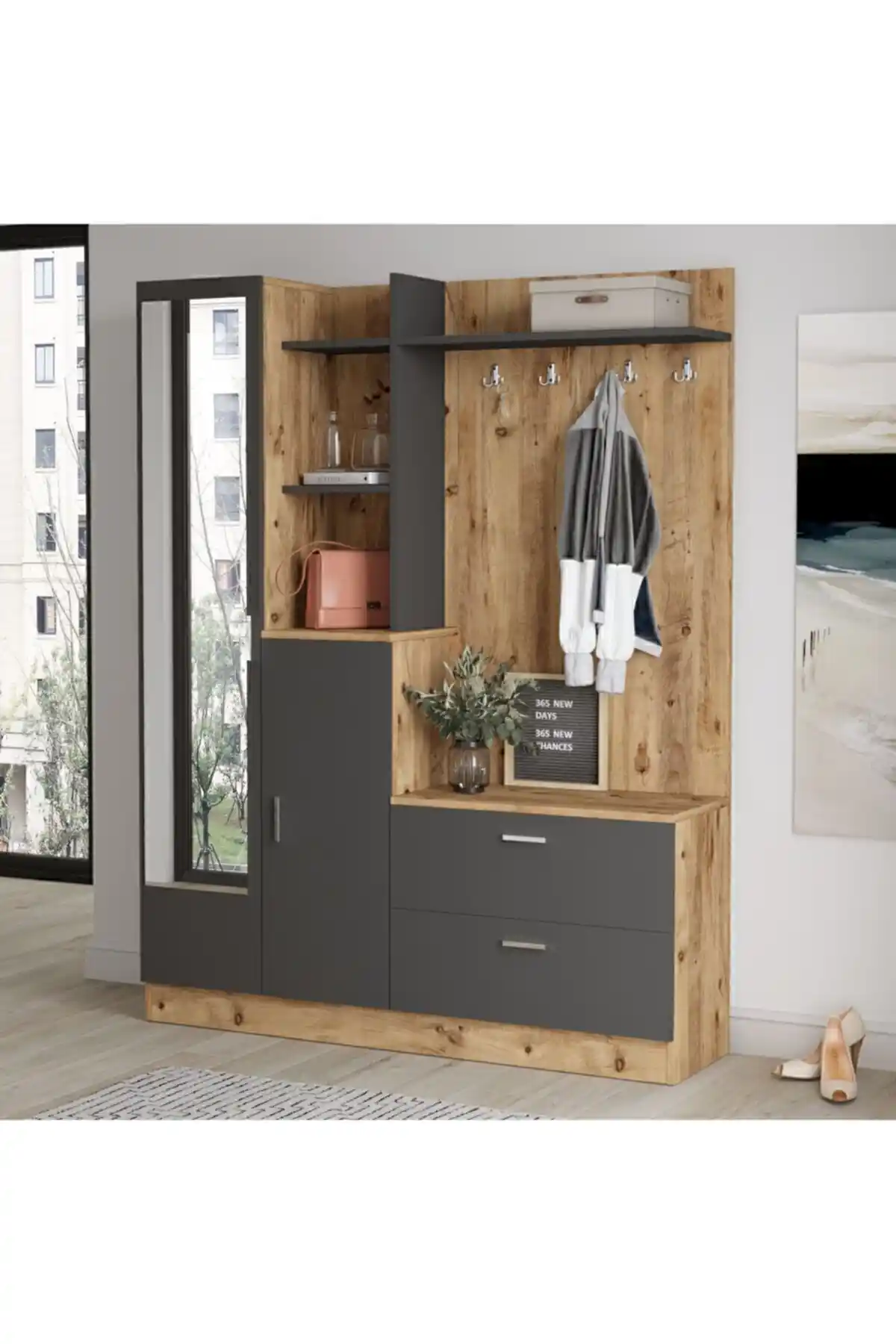 Yurudesign Wisdom Çam Antrasit Vestiyer ve Ayakkabılık Modern ve Şık Tasarım