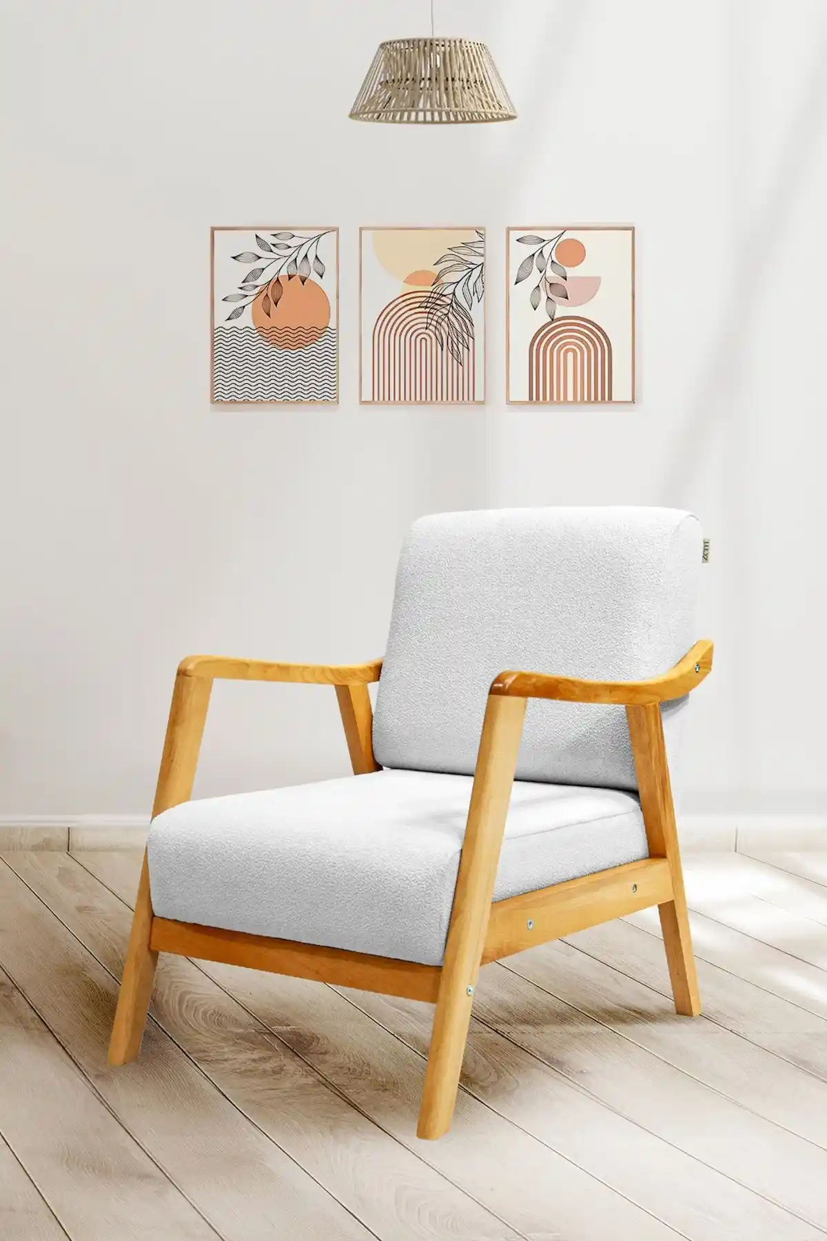 Zem Favela Bohem Ahşap Ayaklı Beyaz Teddy Kumaş Berjer Modern ve Dayanıklı Tasarım