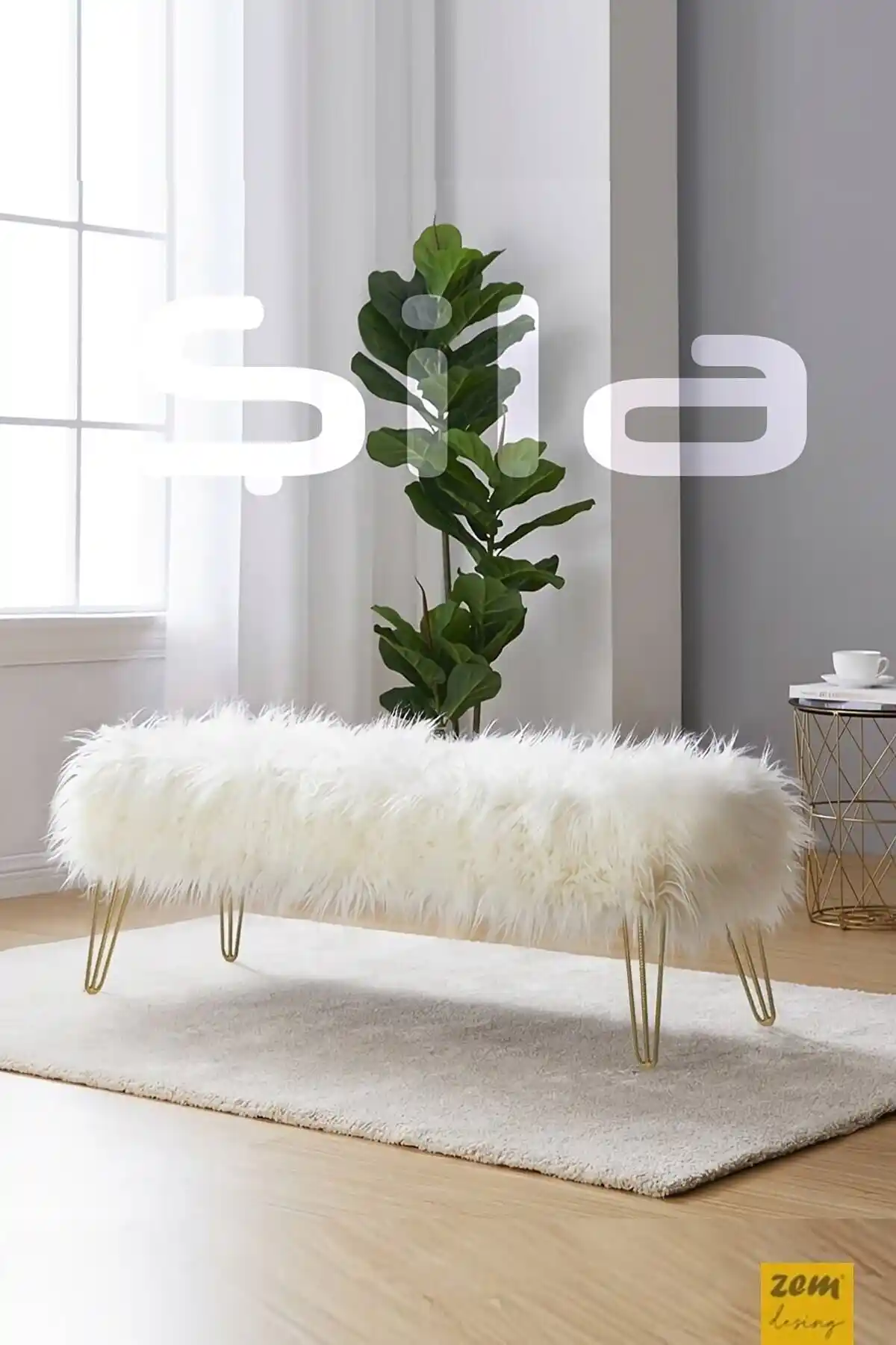 Zem Şila Beyaz Peluş Oturma Bench Gold Ayaklar 90 Cm Modern ve Şık Tasarım