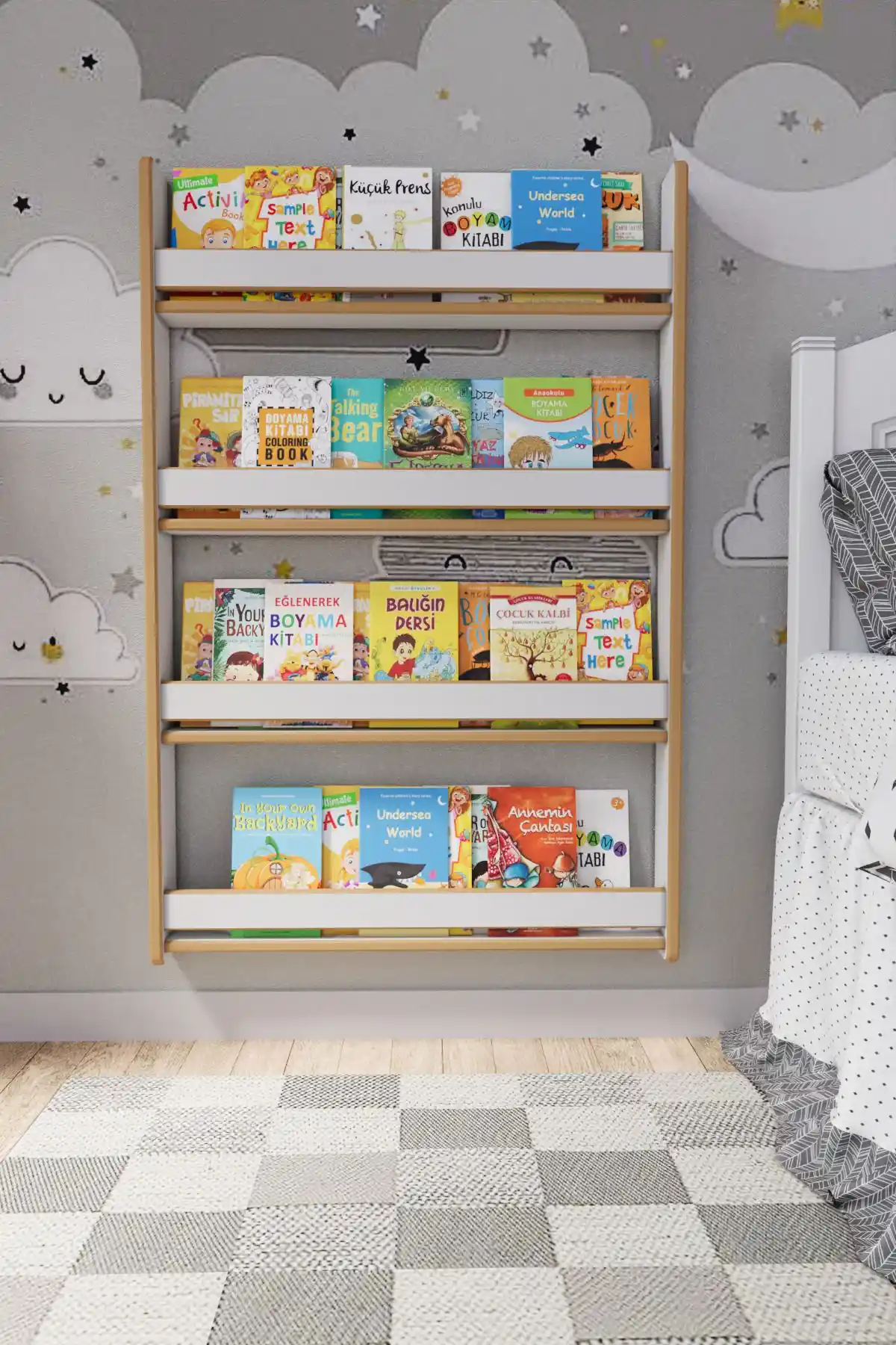 Zeo Wood Design Montessori 4 Raflı Çocuk Kitaplığı Güvenli ve Modern Depolama Çözümü