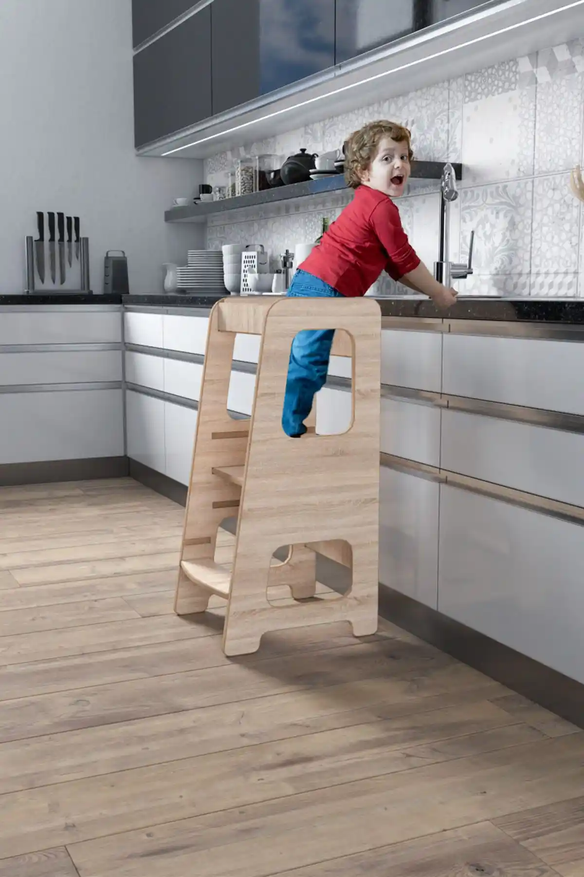 Zeo Wood Design Sonoma Öğrenme Kulesi: Güvenli ve Şık Çocuk Gelişim Merkezi