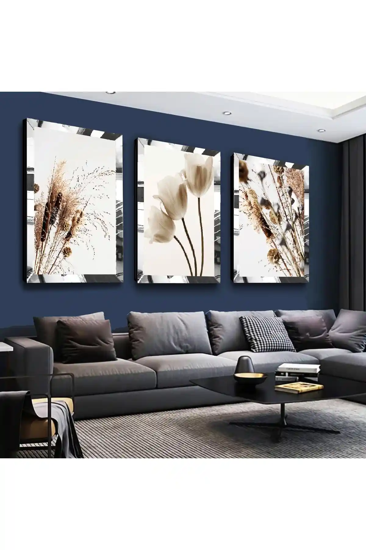 Zevahir Mobilya Gümüş Aynalı Pleksi Çerçeveli Üçlü Duvar Tablosu Seti Modern Dekorasyon İçin