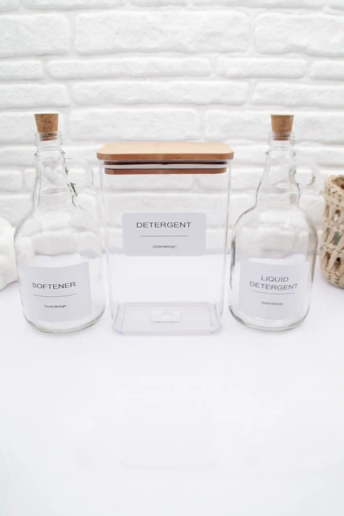 ZezeDesign Ahşap Kapaklı Toz Deterjan Kavanozu ve Sıvı Deterjan Şişesi Seti