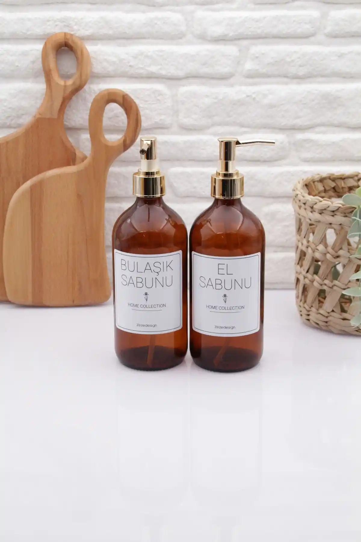 ZezeDesing Amber Cam Şişe 500ml Altın Kapaklı El ve Bulaşık Sabunu Şişesi