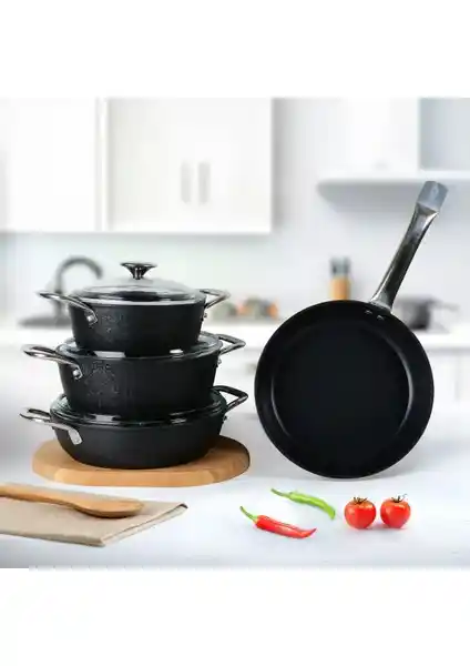 Güral Porselen Antoryum Pro 7 Parça ThermoGuard Granit Tencere Takımı Siyah