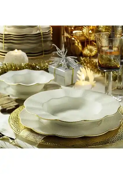 Kütahya Porselen Milena 24 Parça 6 Kişilik Krem Fileli Yemek Seti Günlük ve Özel Kullanım İçin