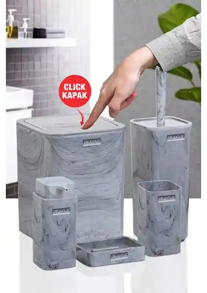 Okyanus Home Kare Mermer Desenli ve Mina Due Beyaz Çizgili 5'li Banyo Setleri Karşılaştırması