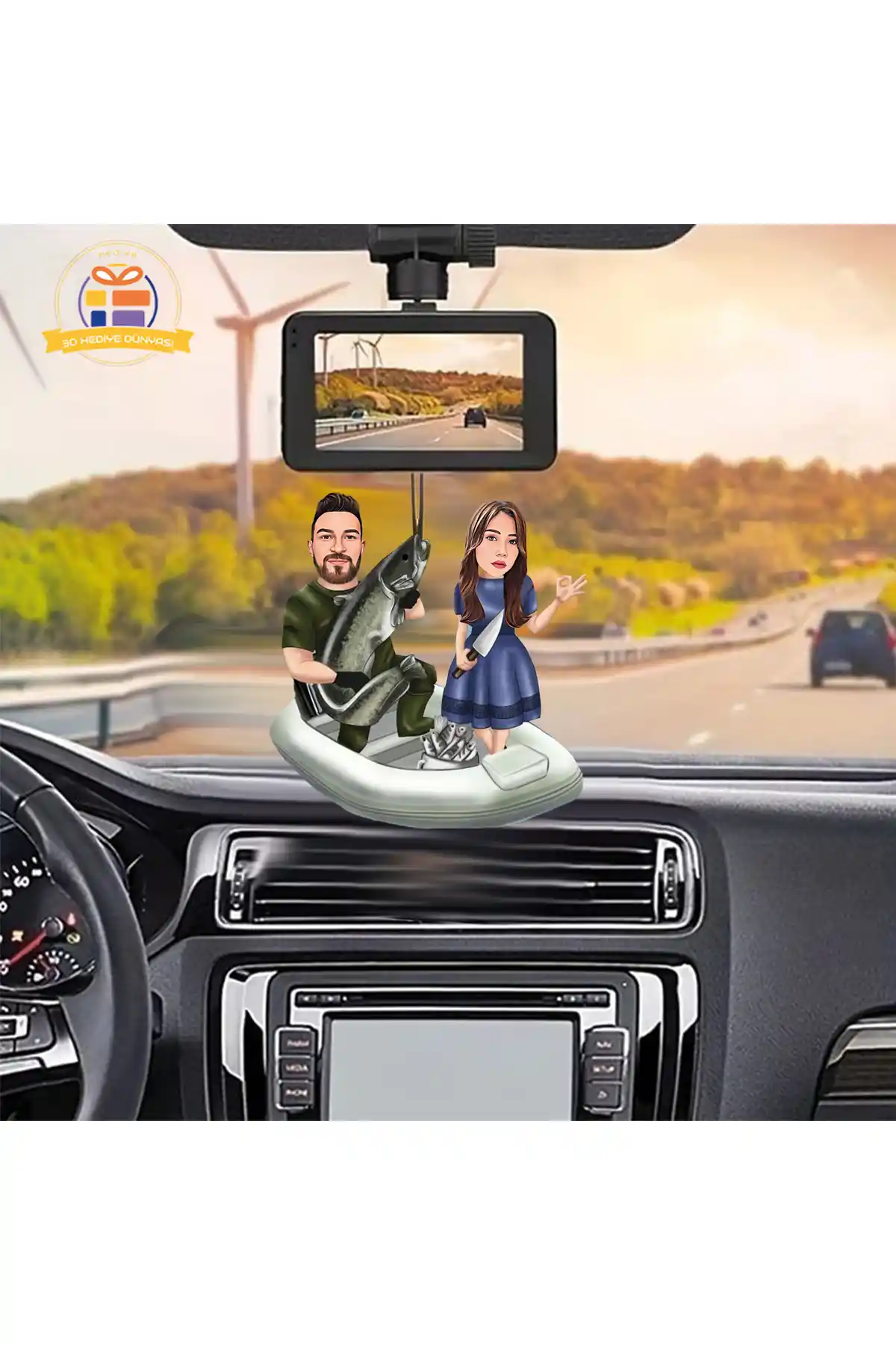 3D Balıkçı Karı Koca Temalı Ahşap Dikiz Aynası Süsü Dekoratif Ürün