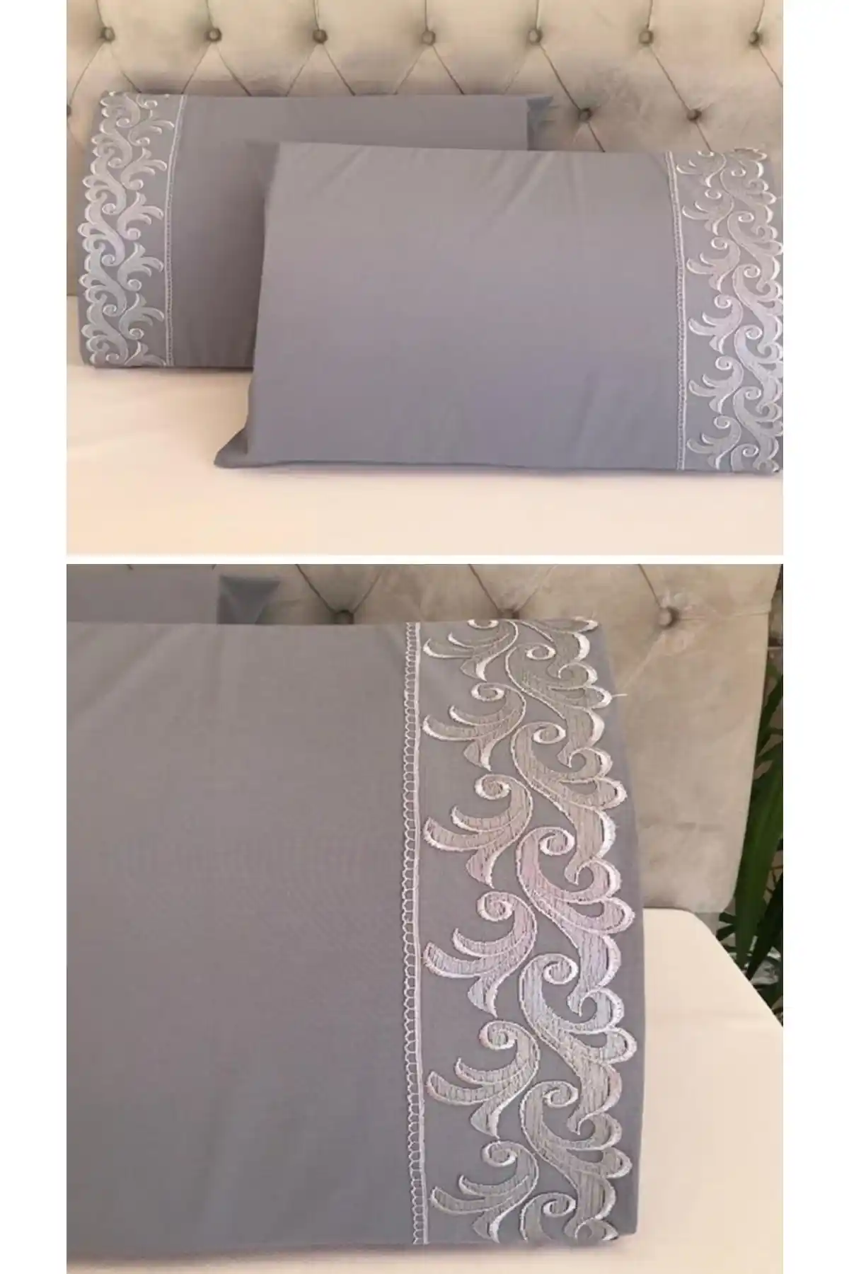 Çeyiz Bahçesi Sarmaşık Fransız Güpürlü Gri Yastık Kılıfı Seti Modern ve Şık Tasarım