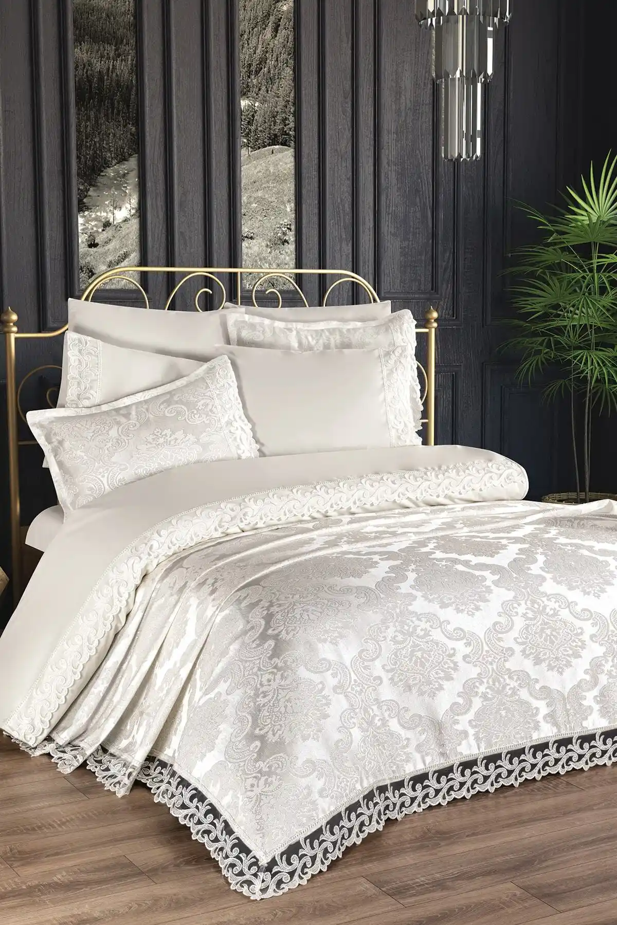 Çeyiz Diyarı Belinda Gelin Seti 7 Parça Krem Fransız Dantelli Zarif Yatak Takımı