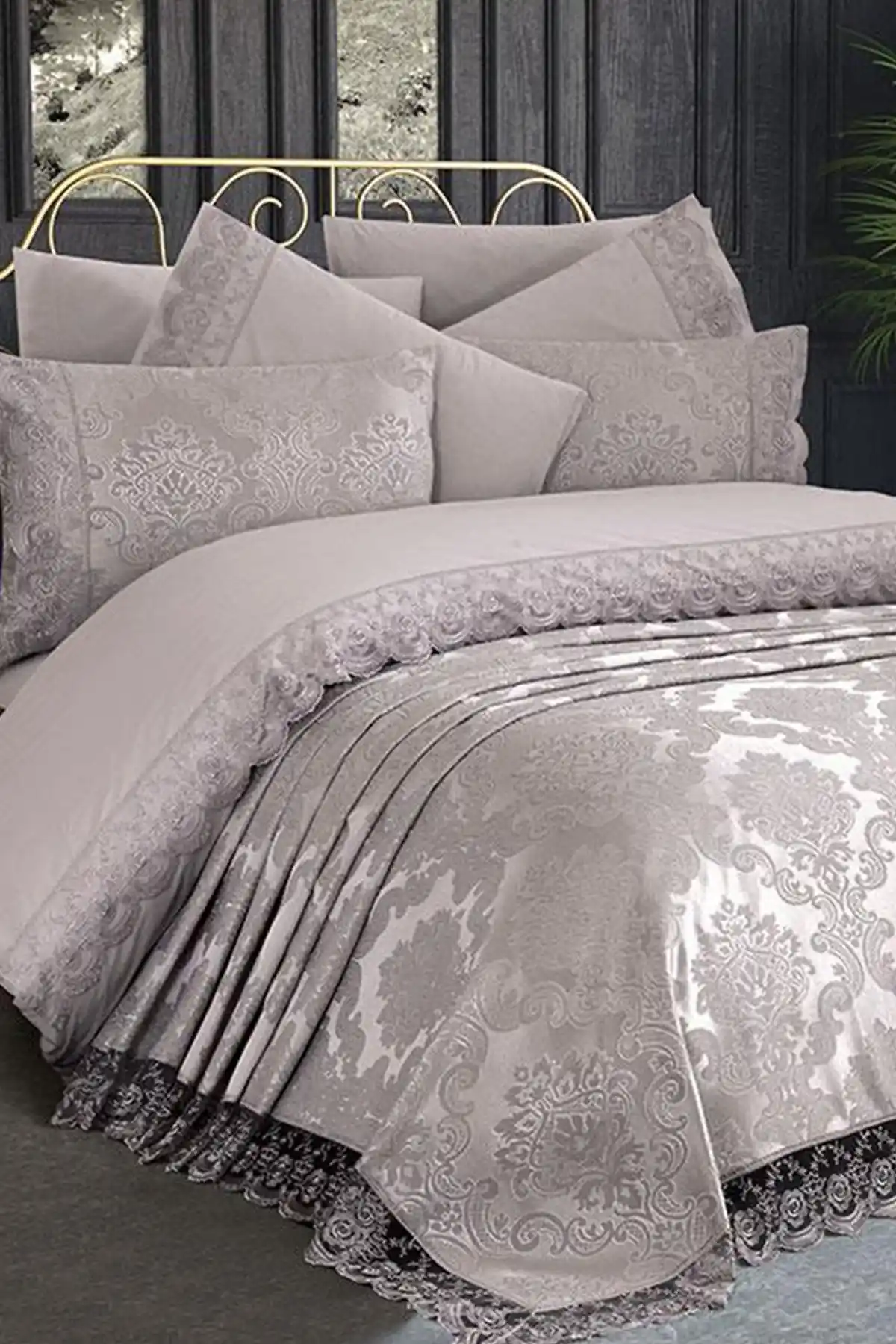 Çeyiz Diyarı Fransız Dantelli Kure Gelin Seti 7 Parça Gri Şıklık ve Kalite Bir Arada