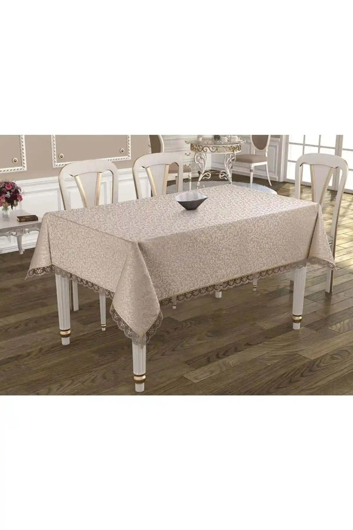 Denizli Çeyiz Bej Dantelli Masa Örtüsü 160x220 cm Şıklık ve Kullanışlılık Sunar