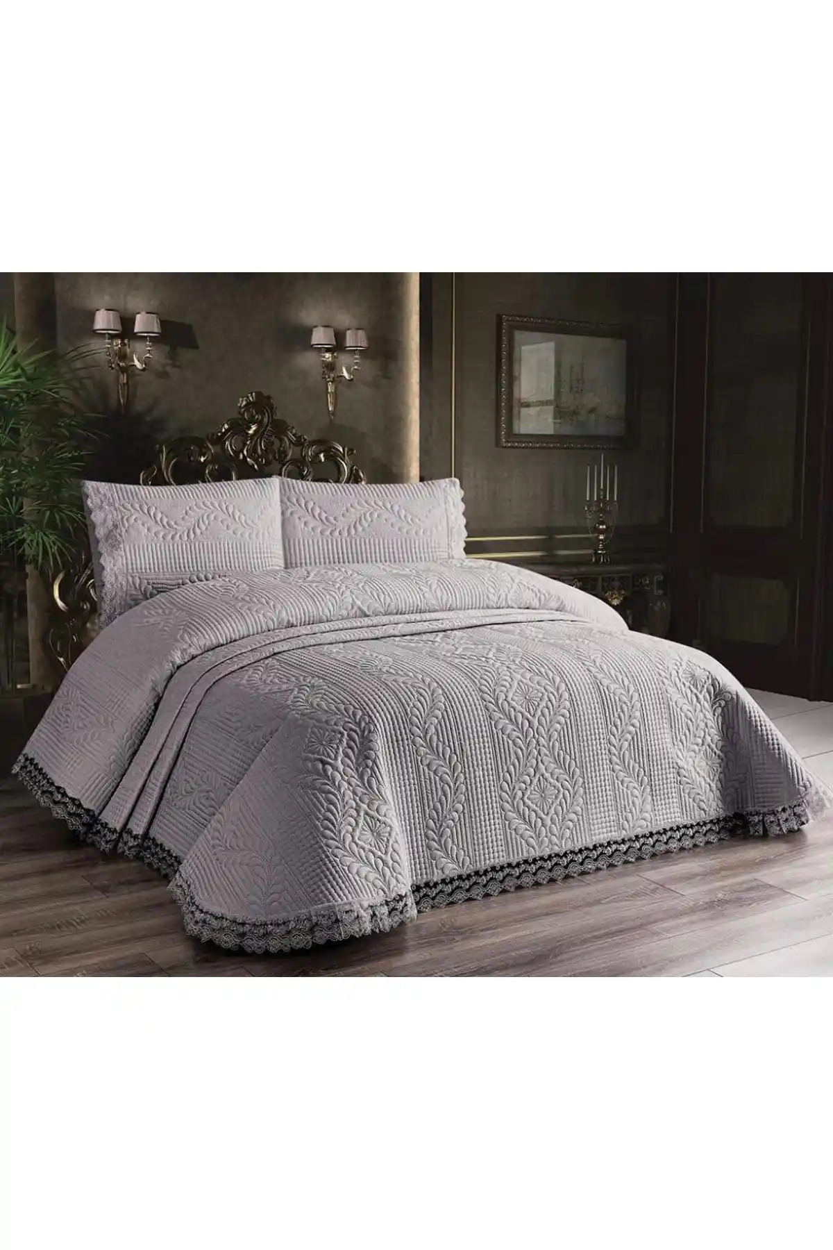 Evcimenhome Güpürlü Mikrofiber Yatak Örtüsü Seti Gri 250x260 cm Modern ve Şık Tasarım