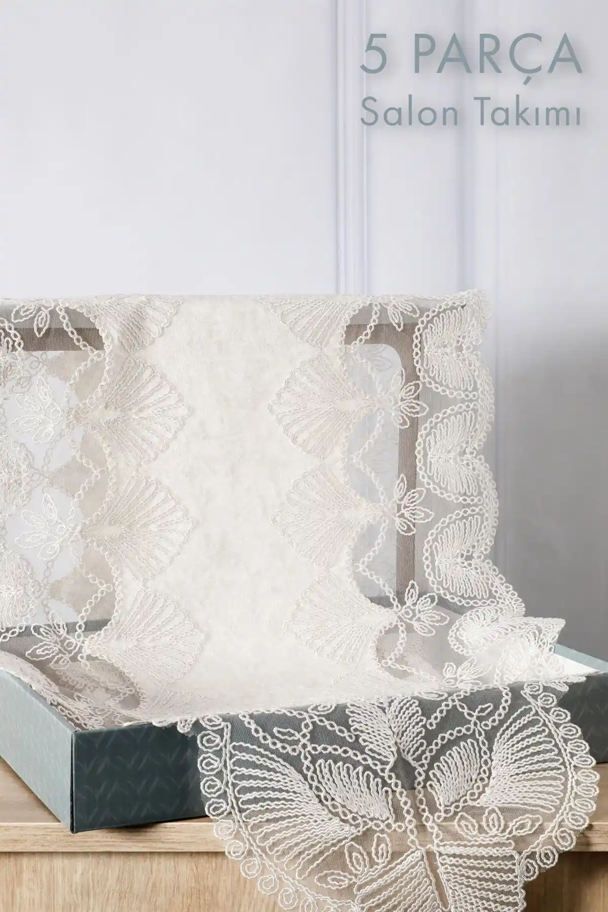 FAVORA Kadife Fransız Güpürlü 5 Parça Salon Takımı Ekru Modern ve Şık Tasarım