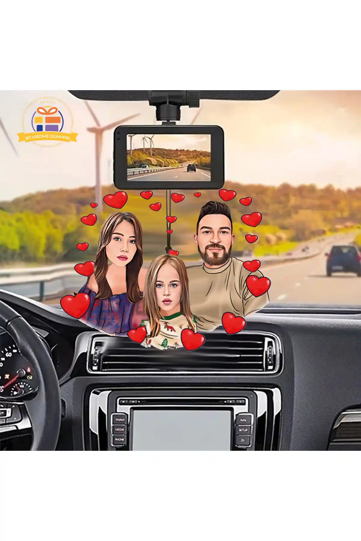 Genel Markalar Kalpli Aile Karikatürü Ahşap Dikiz Aynası Süsü - Modern ve Renkli Tasarım