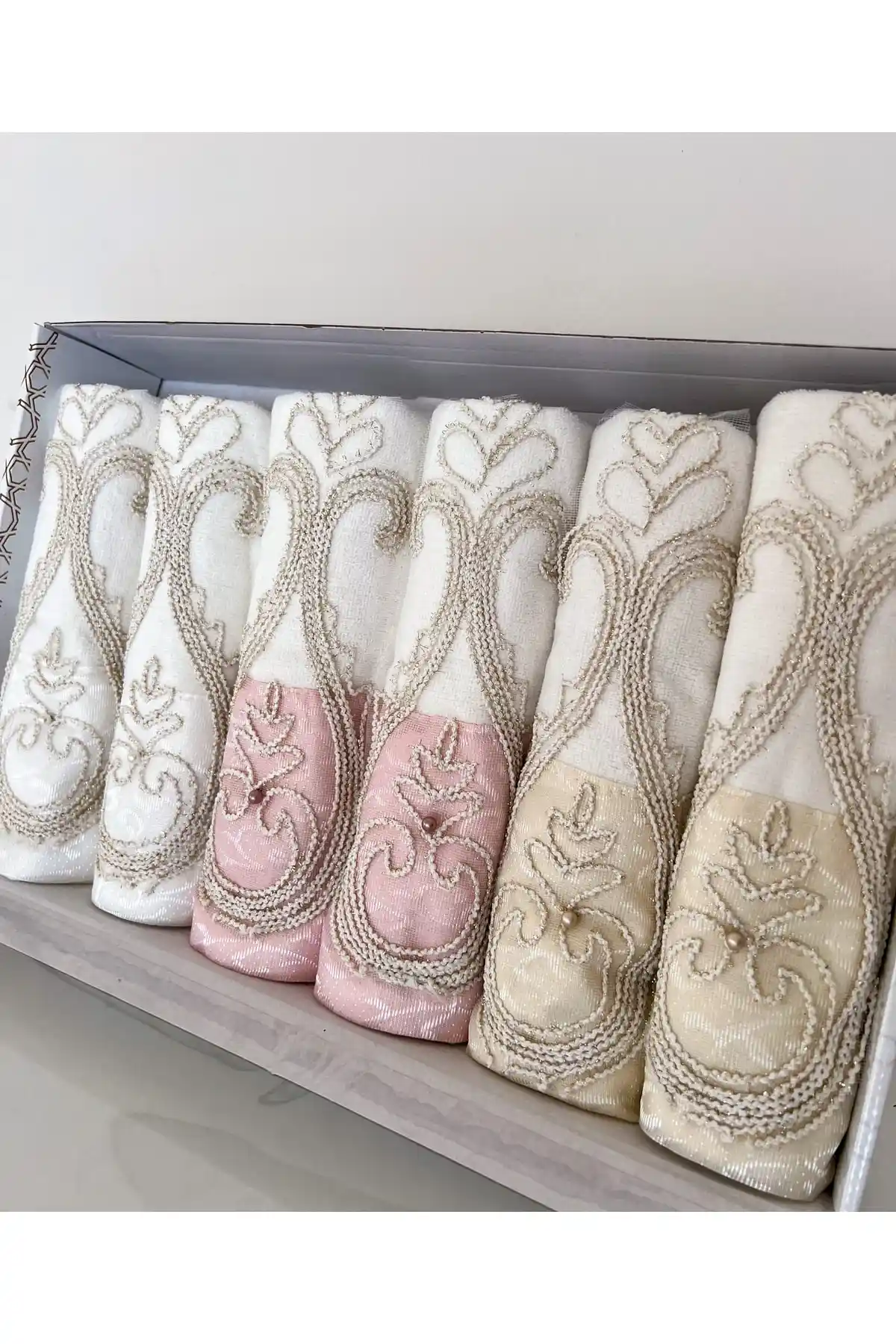 Güplü Saten Işleme Desenli Lüks Çeyizlik 6'lı El Yüz Havlu Seti 50x90 cm