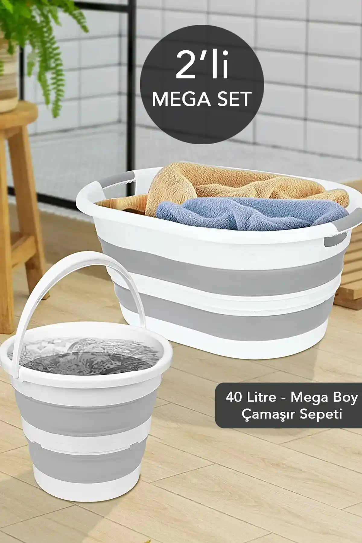 Meleni Home 2 Parça Katlanabilir Çamaşır Sepeti ve Su Kovası Ev ve Banyo Düzeni İçin Uygun