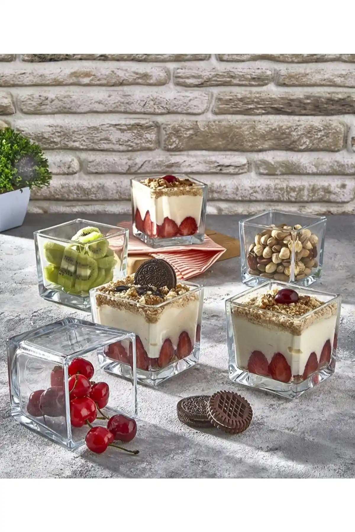 Amentes 6'lı Magnolia Cup Cam Kase Seti 300 ml Kare Tasarım ve Dayanıklı Sunum