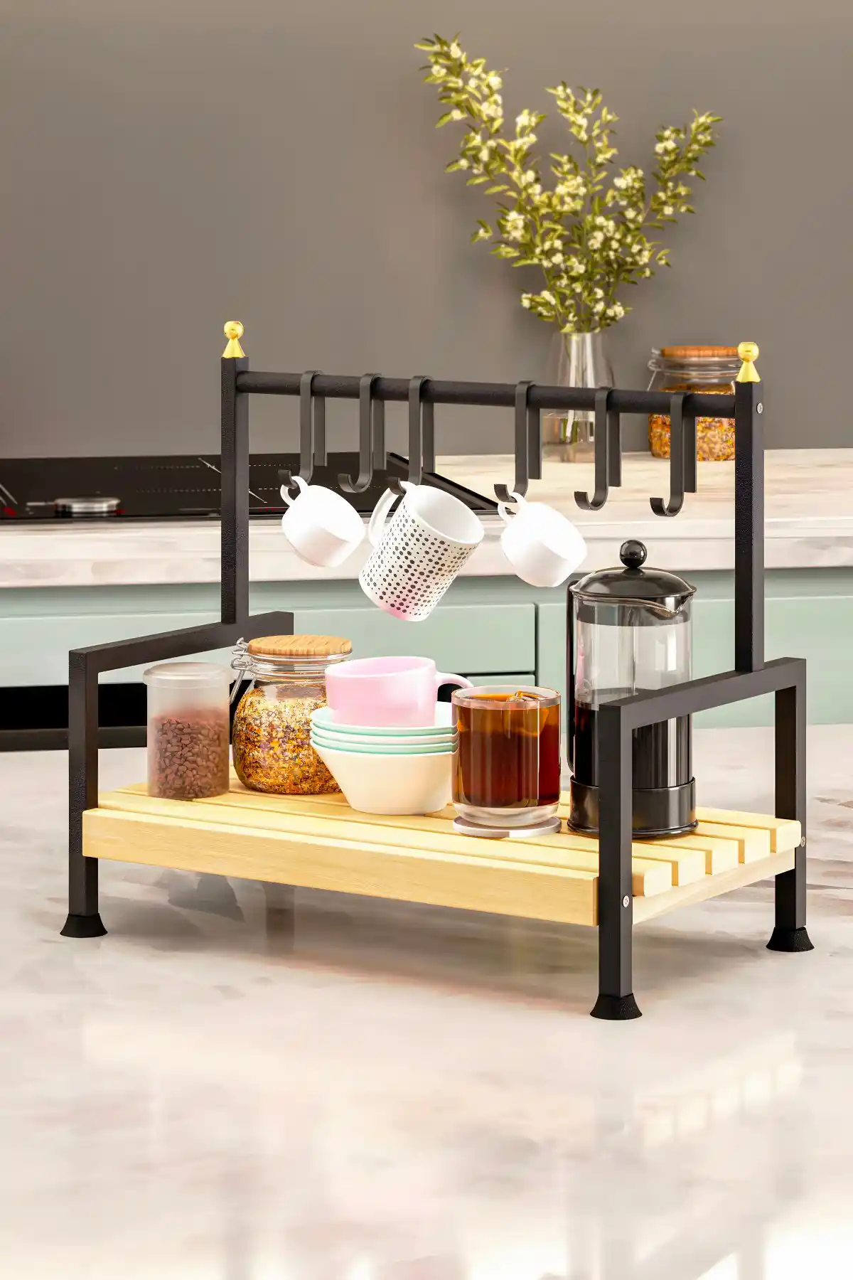 Bino Masaüstü Mutfak Rafı Düzenleyici: Şık ve Fonksiyonel Ahşap-Metal Tasarım