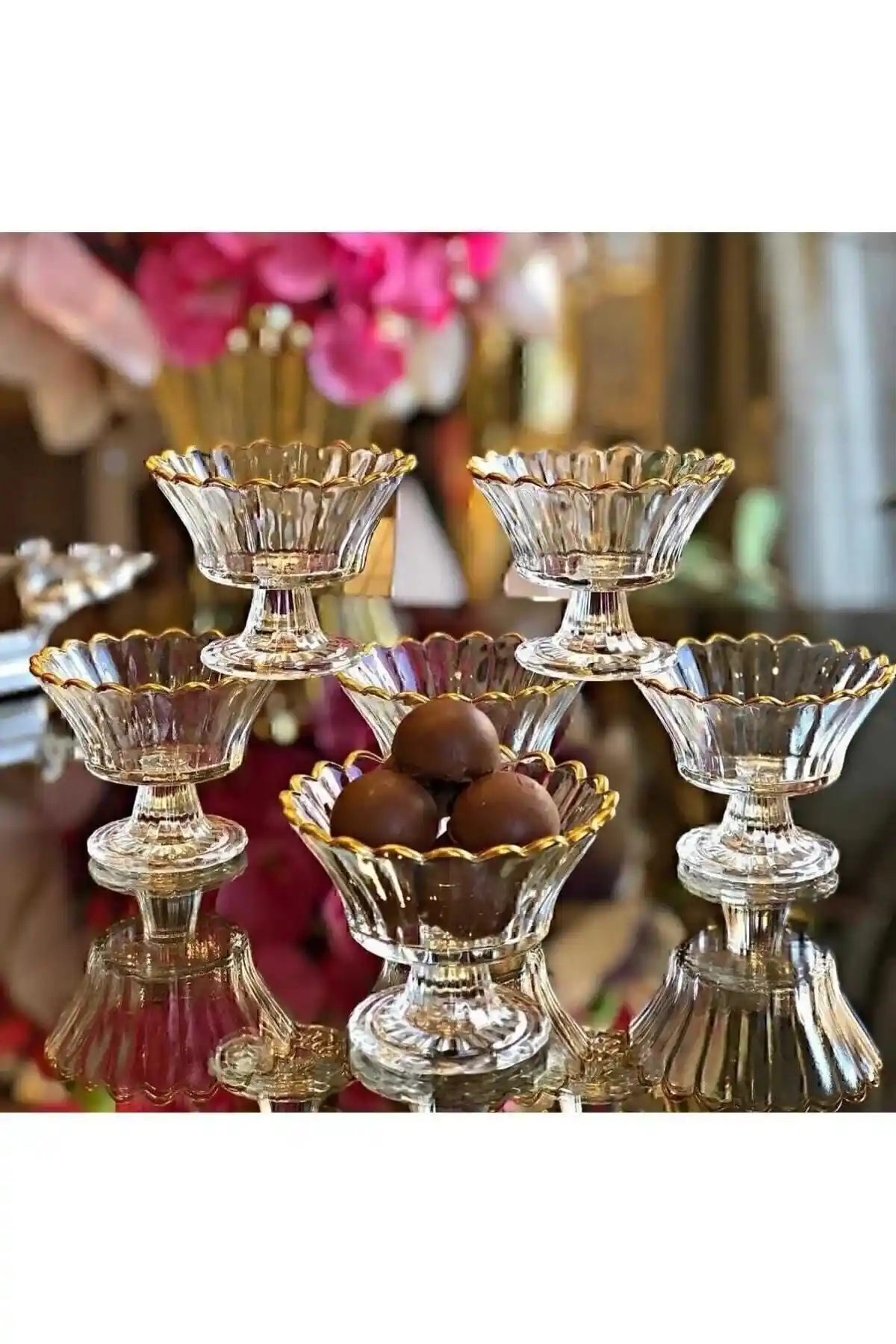 Çeyizci Çarşı 6'lı Cam Ayaklı Yaldızlı Şekerlik Lokumluk Sunumluk Seti