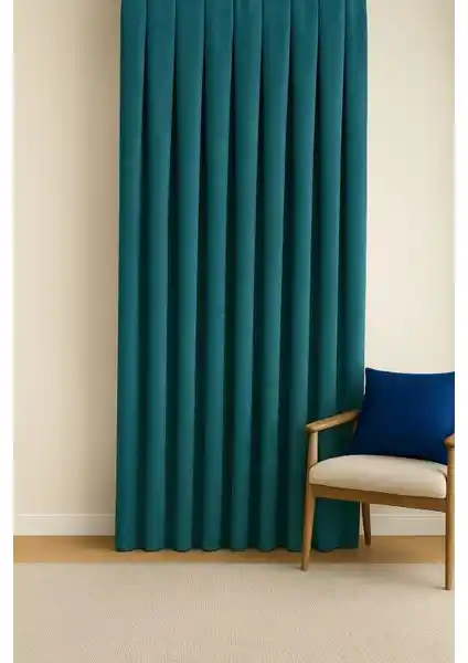 Cortibo Barcelona Kadife Dokulu Petrol Mavisi Fon Perde Pilesiz Tasarım