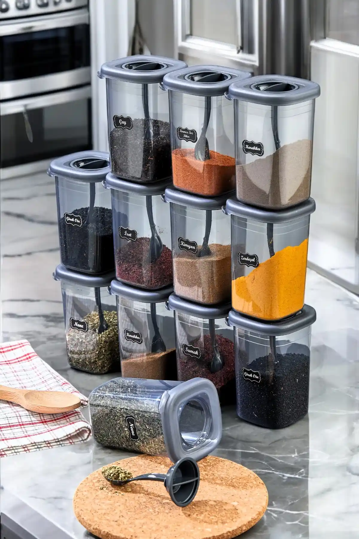 FBZhome 12'li 450ml Kilitlenebilir ve Kendinden Kaşıklı Baharatlık Seti