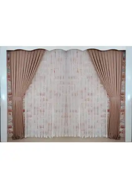 Figen Perde Açık Kahve Kadife Fon Perde Çift Kanat 1/3 Sık Pileli Dikim