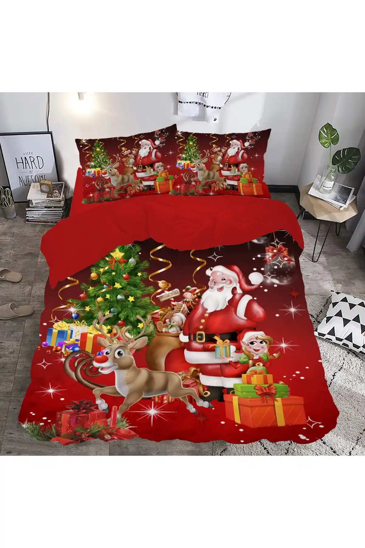 hediyechy Yılbaşı & Christmas Noel Baba Baskılı Çift Kişilik Nevresim Takımı