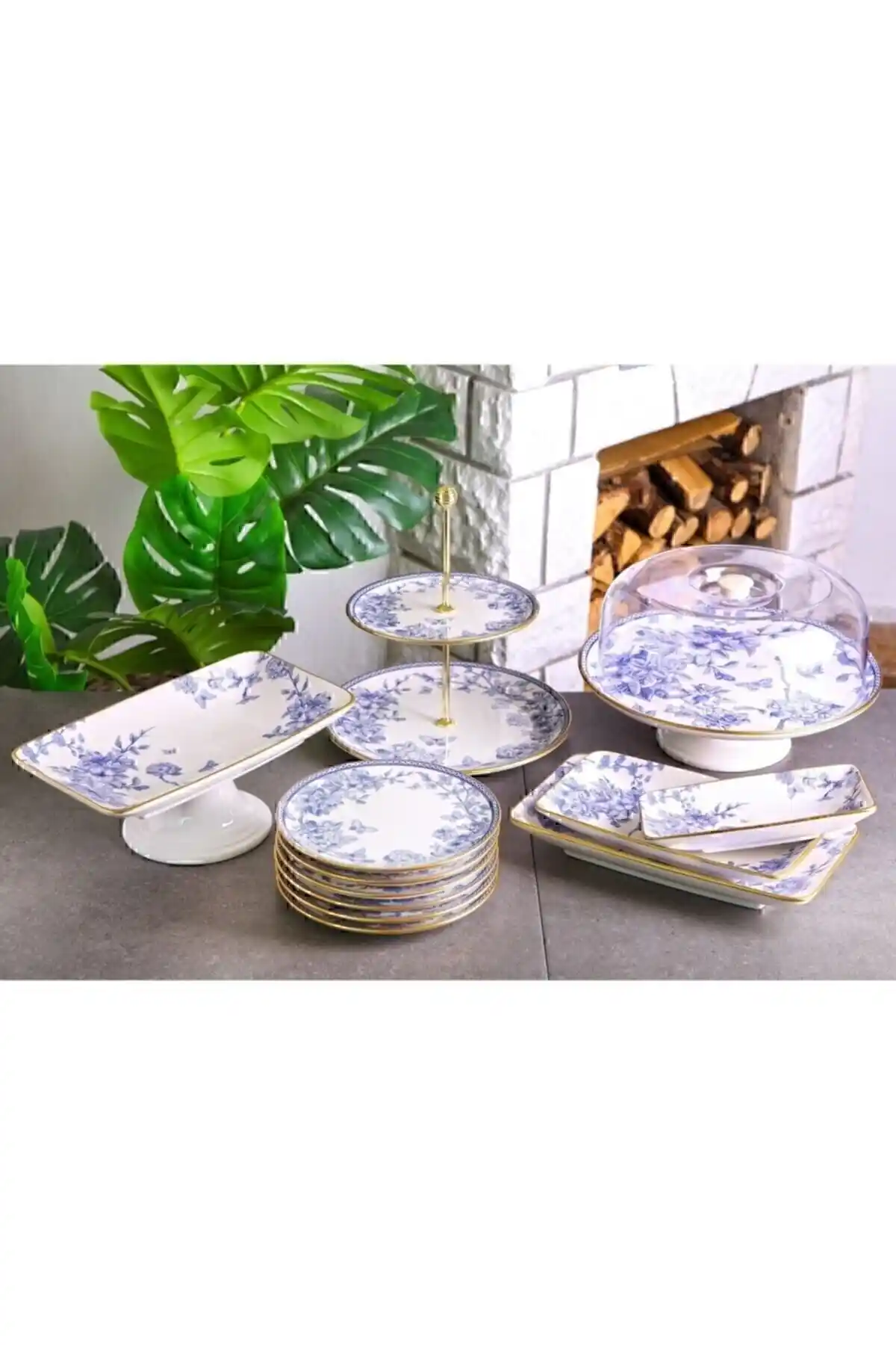 Laviss 13 Parça Beyaz Gold Mavi Desenli Seramik Pasta Servis Seti 26 cm Oval Tasarım