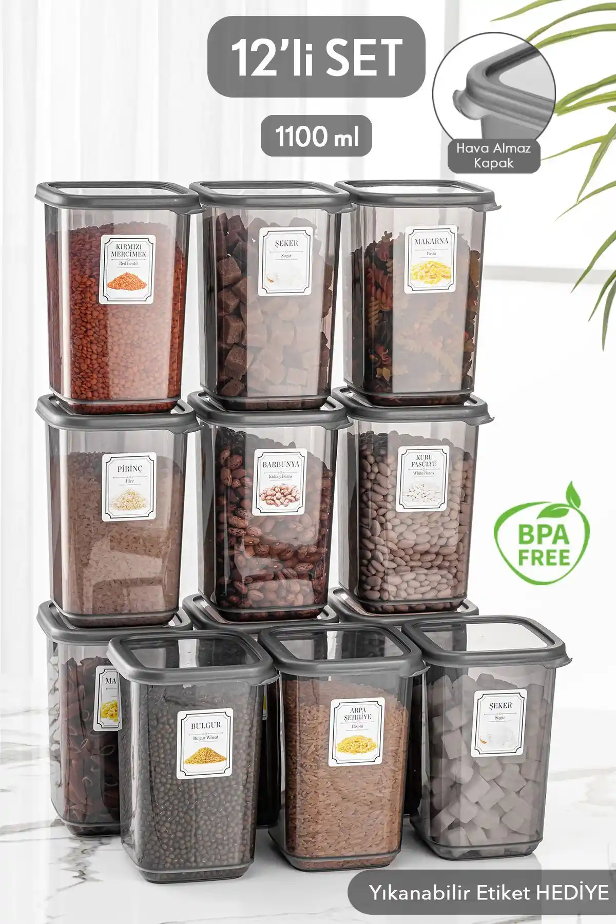 Meleni Home 12'li Antrasit Pino Etiketli Büyük Boy Kare Erzak Saklama Kabı Seti