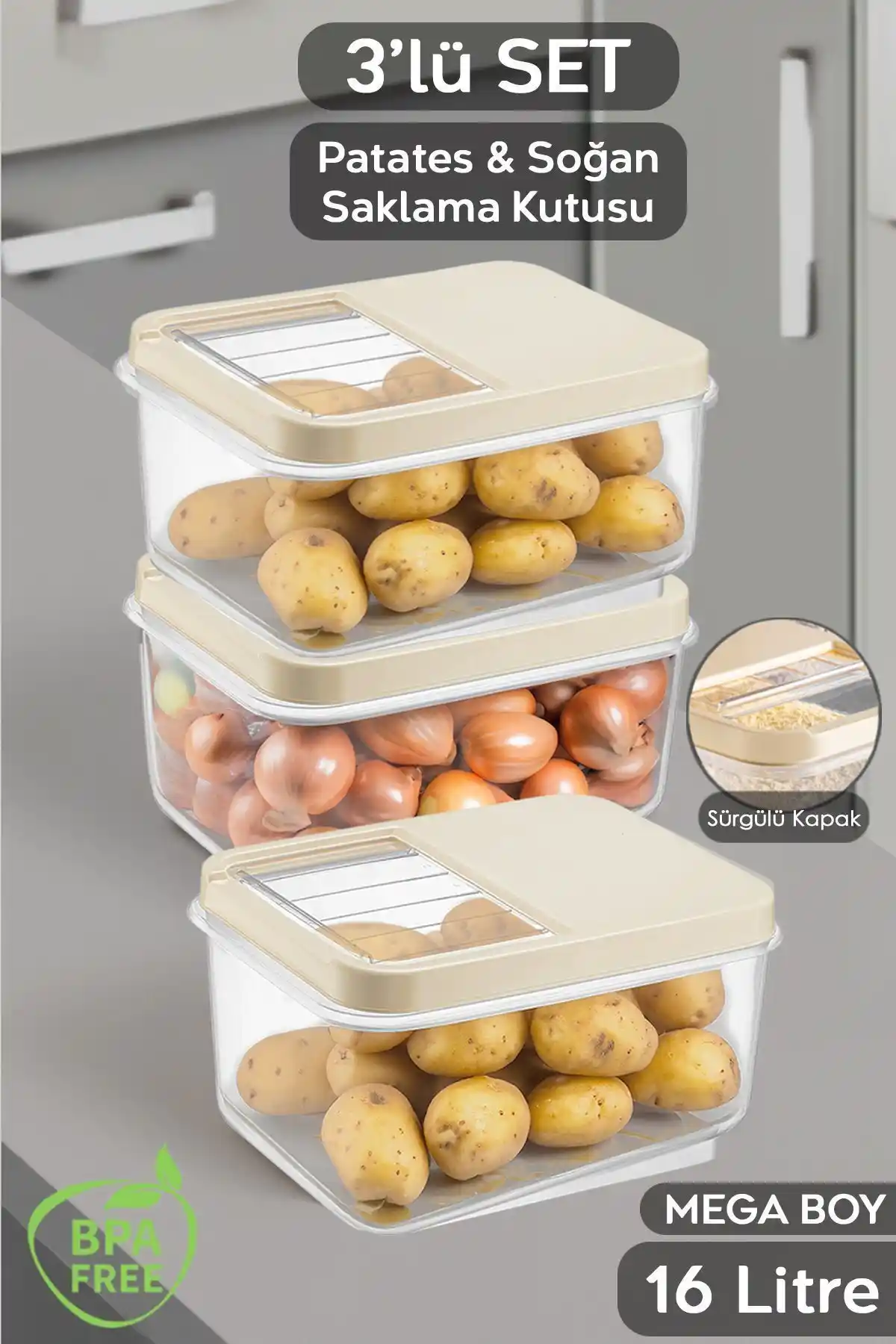 Meleni Home 3'lü 16 Litre Sürgülü Kapaklı Sebzelik Seti ile Sağlıklı ve Düzenli Saklama