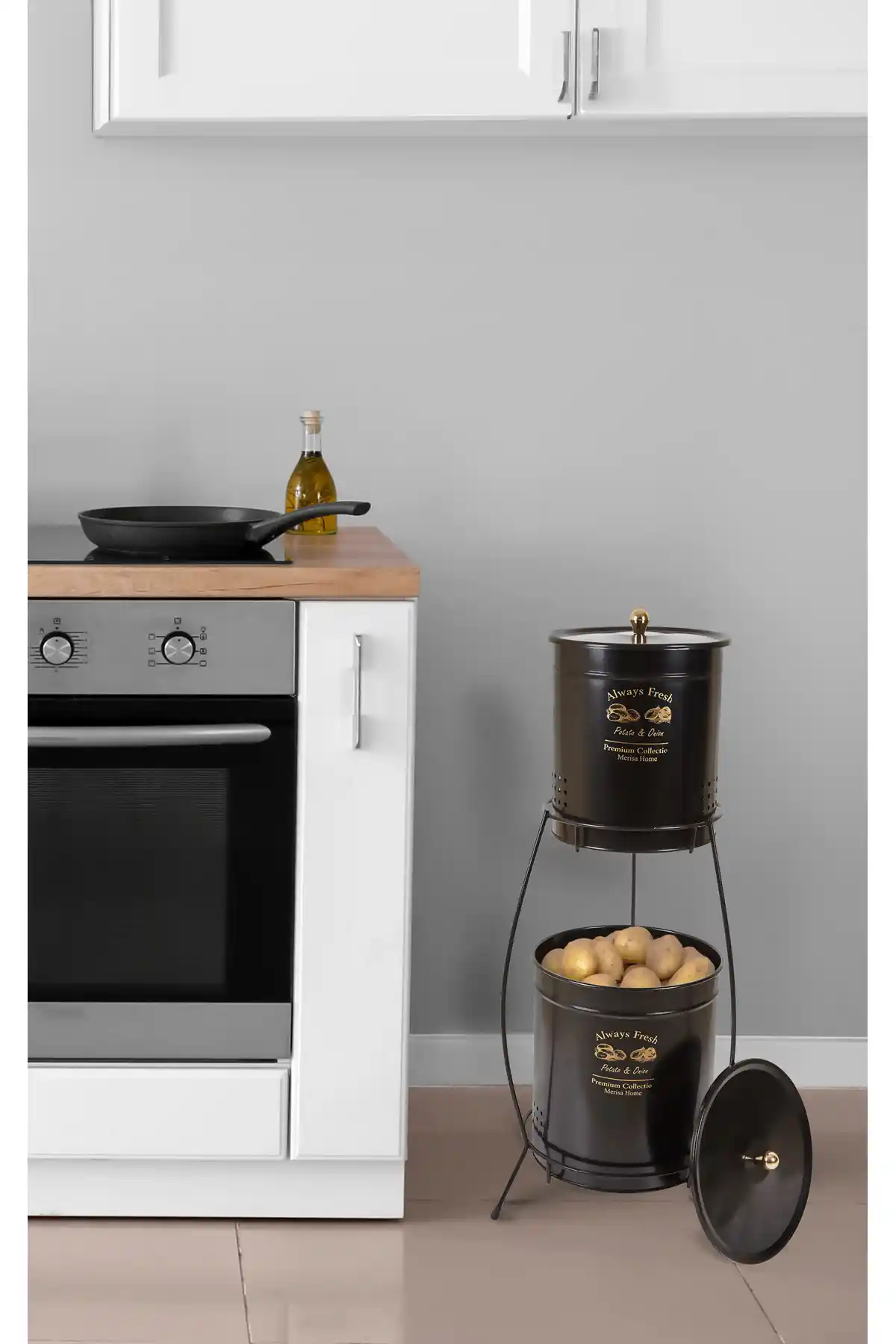 Metes Kitchen 2 Katlı Metal Patates Soğan Kovası Siyah Dayanıklı ve Pratik Mutfak Çözümü