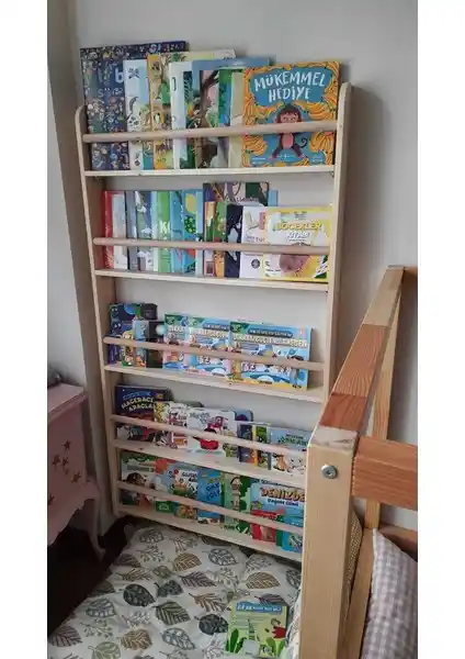 Mrt Ahşap Montessori Kitaplık: 5 Katlı Geniş ve Yuvarlak Çıtalı Çocuk Kitaplığı