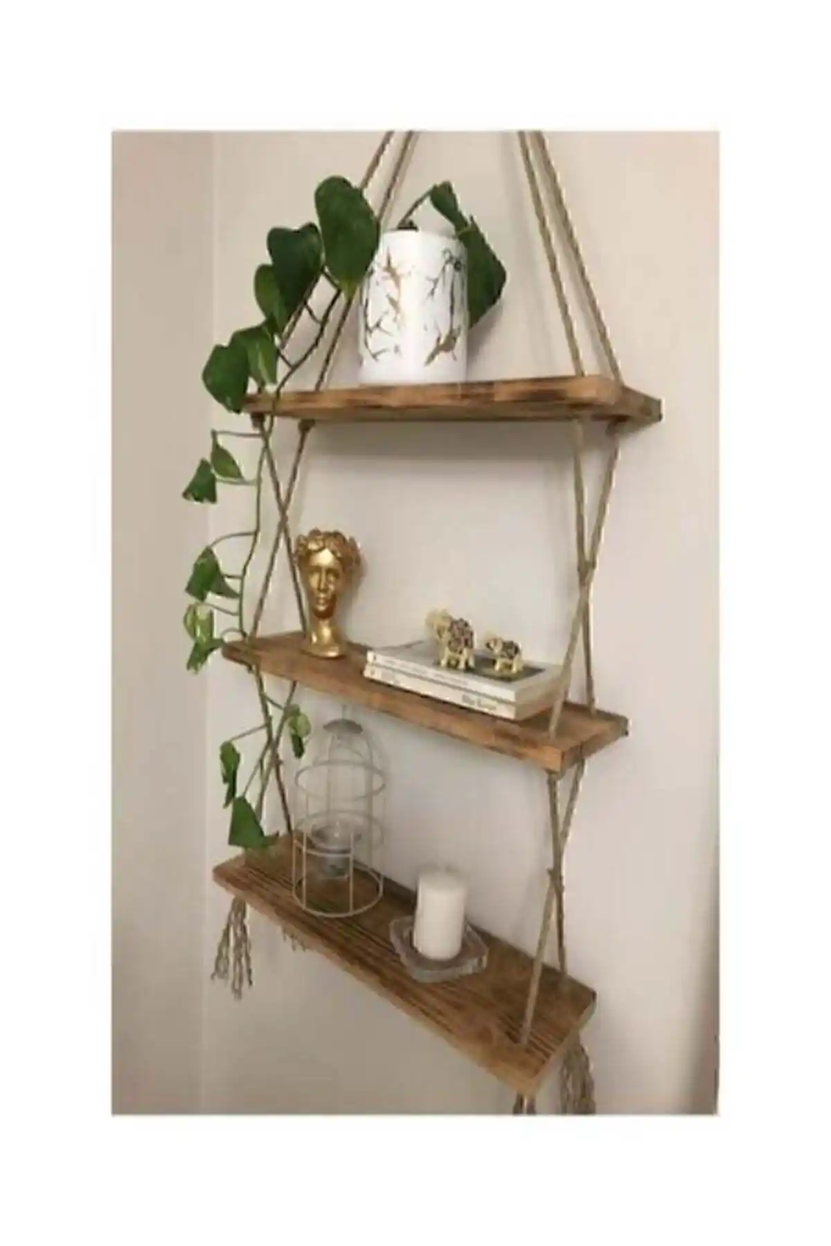 Retroelektrik Ahşap Dekoratif 3’lü Halatlı Raf Kitaplık Modern Tasarım