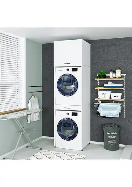 Roomart Mat Beyaz Çamaşır ve Kurutma Makinesi Dolabı 67x240 cm Fonksiyonel Tasarım