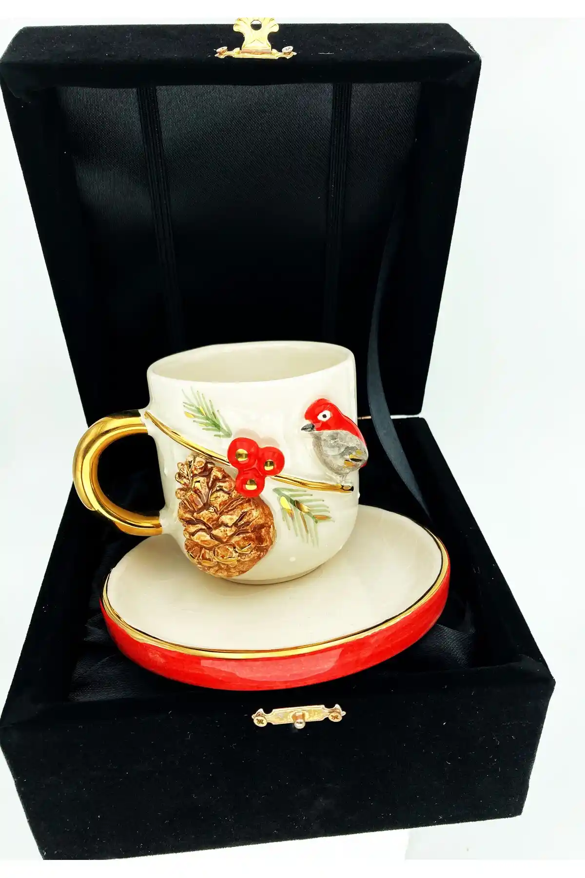 SeraSelin El Yapımı Altın Dekorlu Kuş Kabartmalı Tekli Fincan 200 ml - Yılbaşı Temalı